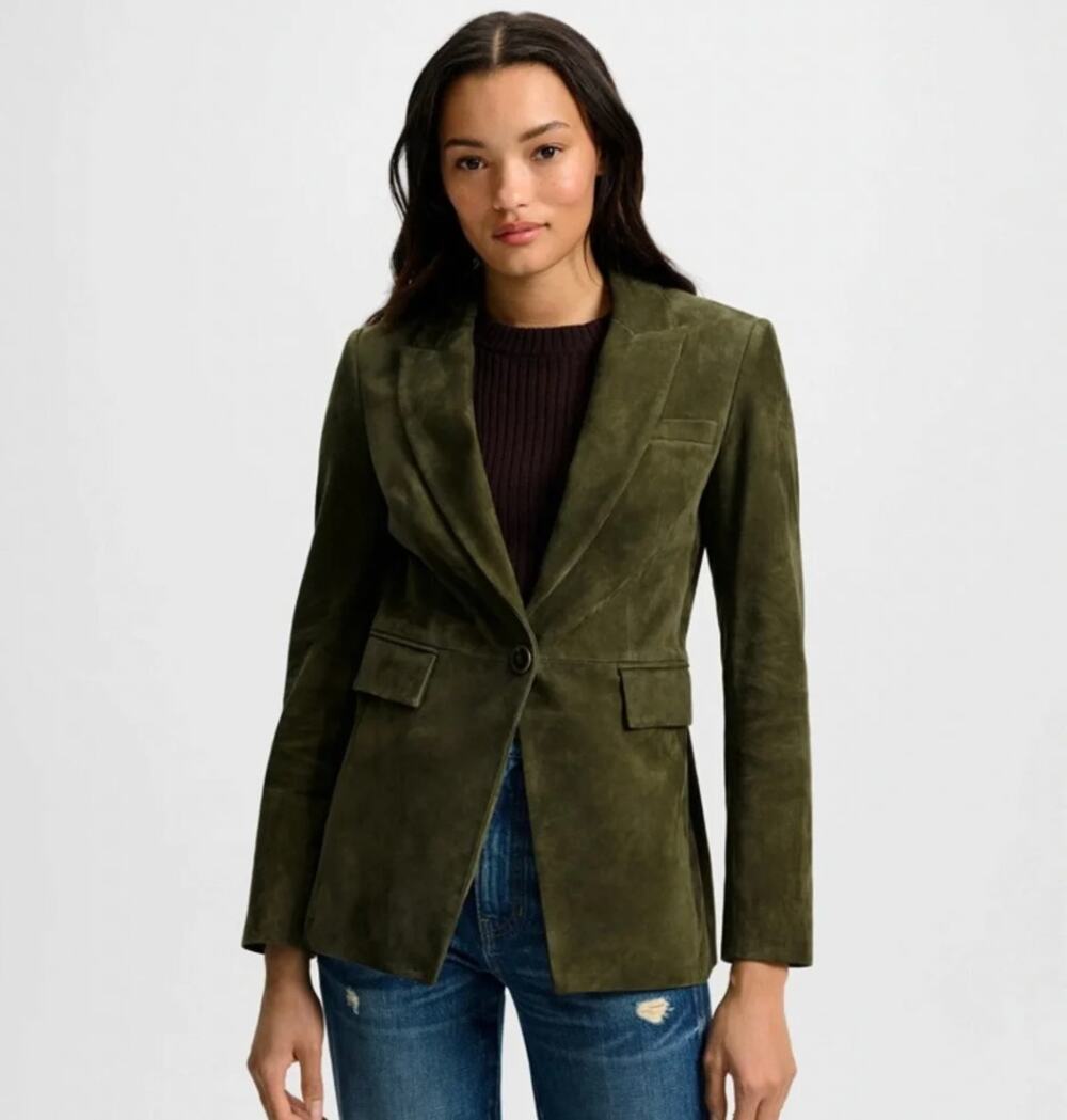 Veronica Beard Women's Green Duane Suede Single-Breasted Dickey Jacket Size 8
